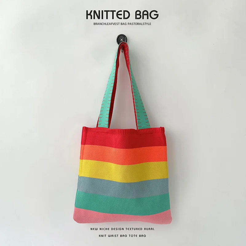 spring summer rainbow knitted large capacity tote bag versatile single shoulder bag street commuting women medium open dacron