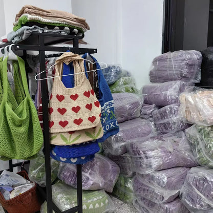 Retro Hollow Knitted Large Capacity Women's Shopping Bag Tote Single Shoulder Rope Bag Soft Polyester Fiber Open Door Design