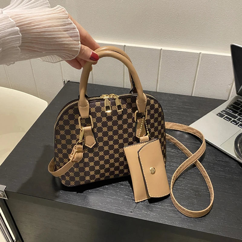luxury shell fashion women's handbag simple shoulder bag plaid print crossbody bag with mini purse