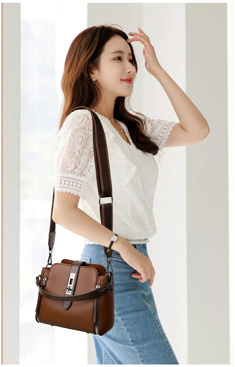 high-end bucket bag three-layer practical crossbody soft leather shoulder bag for women going to work stylish mom bag