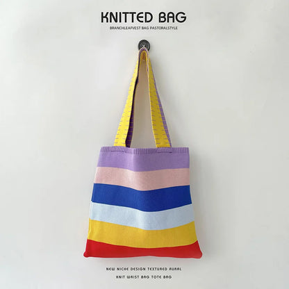 Spring Summer Rainbow Knitted Large Capacity Tote Bag Versatile Single Shoulder Bag Street Commuting Women Medium Open Dacron