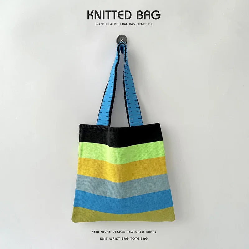 spring summer rainbow knitted large capacity tote bag versatile single shoulder bag street commuting women medium open dacron