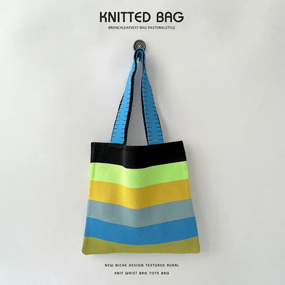 Spring Summer Rainbow Knitted Large Capacity Tote Bag Versatile Single Shoulder Bag Street Commuting Women Medium Open Dacron