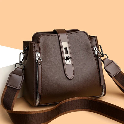 High-End Bucket Bag Three-Layer Practical Crossbody Soft Leather Shoulder Bag for Women Going to Work Stylish Mom Bag