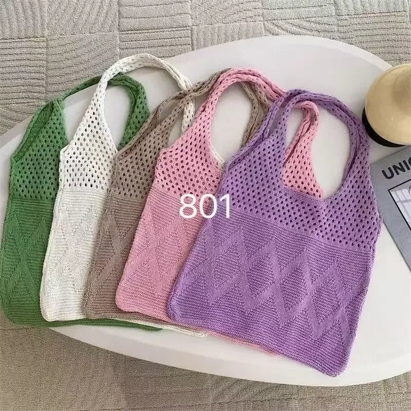 retro hollow knitted large capacity women's shopping bag tote single shoulder rope bag soft polyester fiber open door design