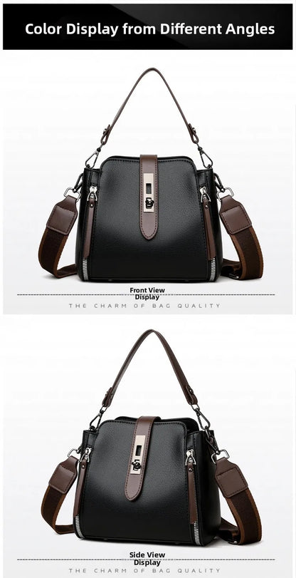 High-End Bucket Bag Three-Layer Practical Crossbody Soft Leather Shoulder Bag for Women Going to Work Stylish Mom Bag