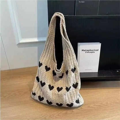 Retro Hollow Knitted Large Capacity Women's Shopping Bag Tote Single Shoulder Rope Bag Soft Polyester Fiber Open Door Design