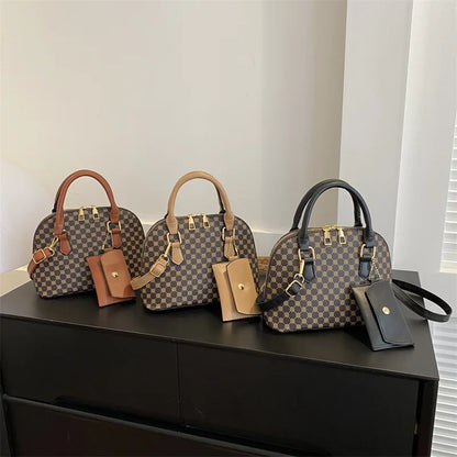 Luxury Shell Fashion Women's Handbag Simple Shoulder Bag Plaid Print Crossbody Bag with Mini Purse