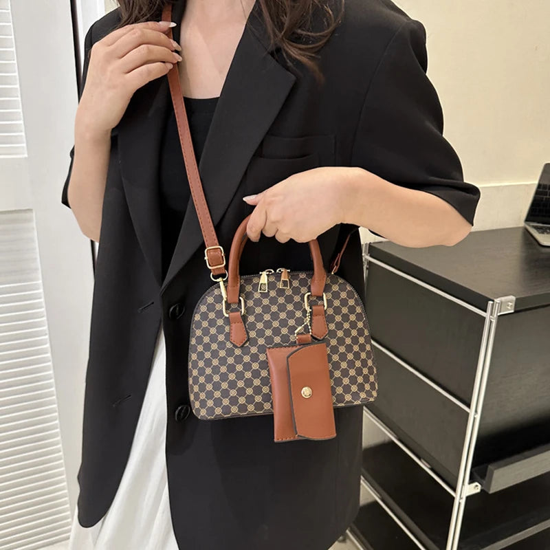 luxury shell fashion women's handbag simple shoulder bag plaid print crossbody bag with mini purse