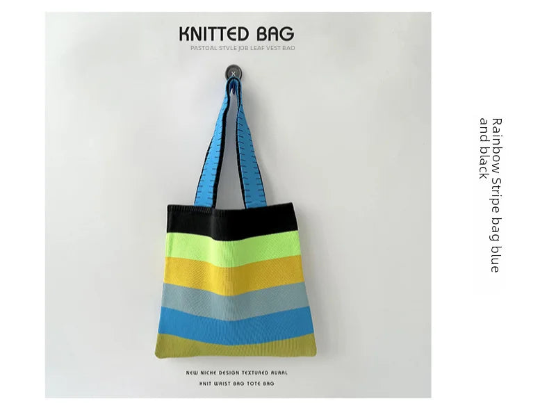 spring summer rainbow knitted large capacity tote bag versatile single shoulder bag street commuting women medium open dacron