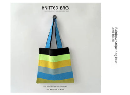 Spring Summer Rainbow Knitted Large Capacity Tote Bag Versatile Single Shoulder Bag Street Commuting Women Medium Open Dacron