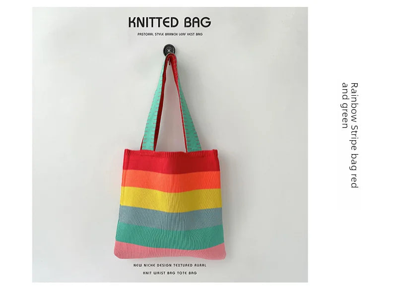 spring summer rainbow knitted large capacity tote bag versatile single shoulder bag street commuting women medium open dacron