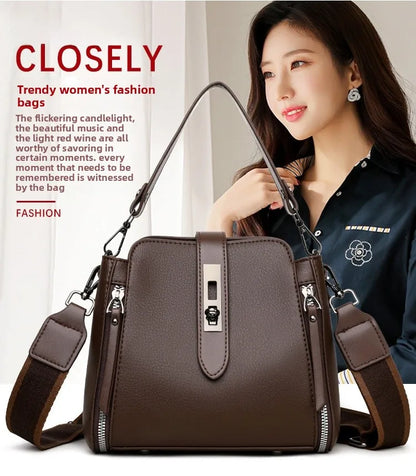 High-End Bucket Bag Three-Layer Practical Crossbody Soft Leather Shoulder Bag for Women Going to Work Stylish Mom Bag