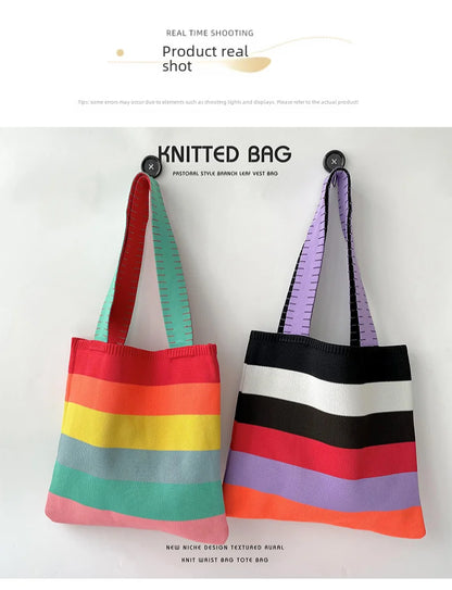 Spring Summer Rainbow Knitted Large Capacity Tote Bag Versatile Single Shoulder Bag Street Commuting Women Medium Open Dacron