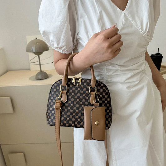 Luxury Shell Fashion Women's Handbag Simple Shoulder Bag Plaid Print Crossbody Bag with Mini Purse