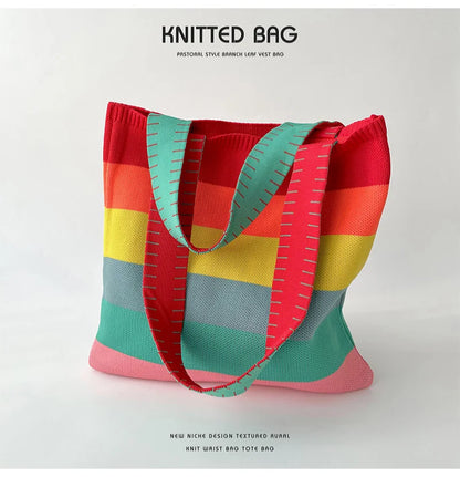 Spring Summer Rainbow Knitted Large Capacity Tote Bag Versatile Single Shoulder Bag Street Commuting Women Medium Open Dacron