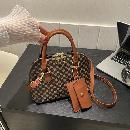 Luxury Shell Fashion Women's Handbag Simple Shoulder Bag Plaid Print Crossbody Bag with Mini Purse