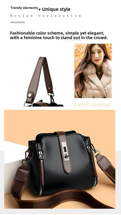 High-End Bucket Bag Three-Layer Practical Crossbody Soft Leather Shoulder Bag for Women Going to Work Stylish Mom Bag