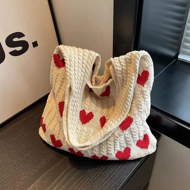 retro hollow knitted large capacity women's shopping bag tote single shoulder rope bag soft polyester fiber open door design