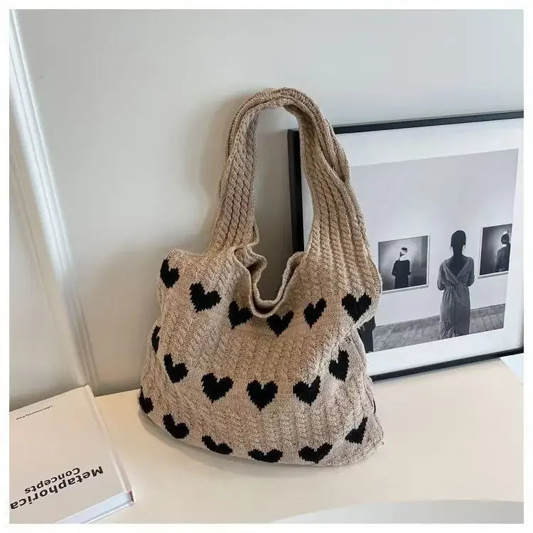 retro hollow knitted large capacity women's shopping bag tote single shoulder rope bag soft polyester fiber open door design