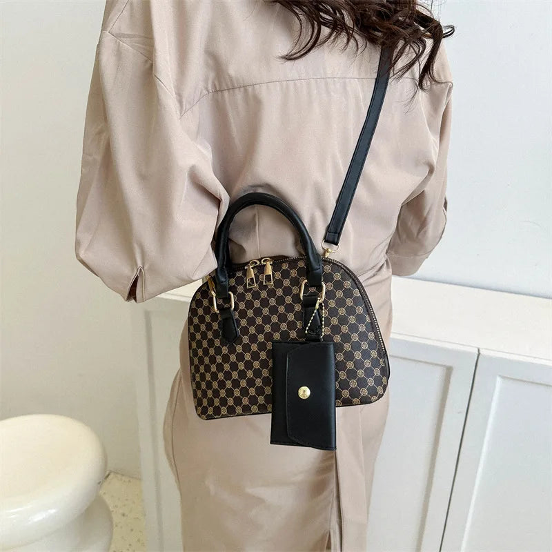 luxury shell fashion women's handbag simple shoulder bag plaid print crossbody bag with mini purse