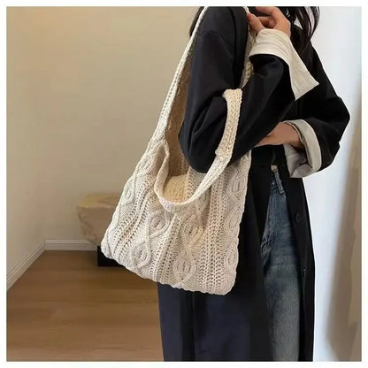 Retro Hollow Knitted Large Capacity Women's Shopping Bag Tote Single Shoulder Rope Bag Soft Polyester Fiber Open Door Design