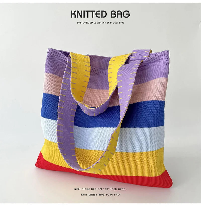 spring summer rainbow knitted large capacity tote bag versatile single shoulder bag street commuting women medium open dacron