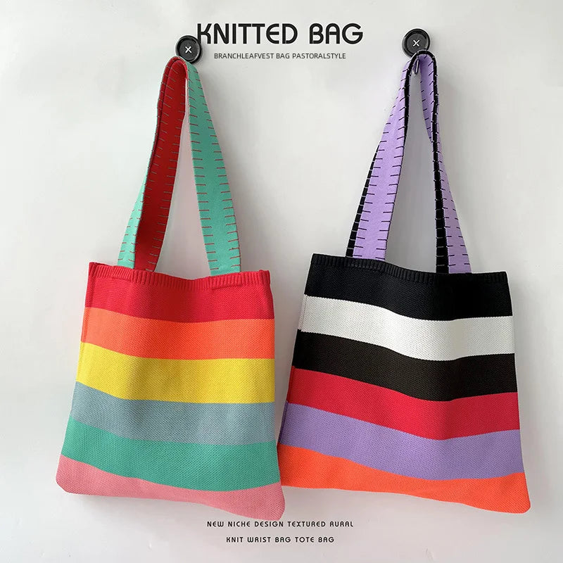spring summer rainbow knitted large capacity tote bag versatile single shoulder bag street commuting women medium open dacron