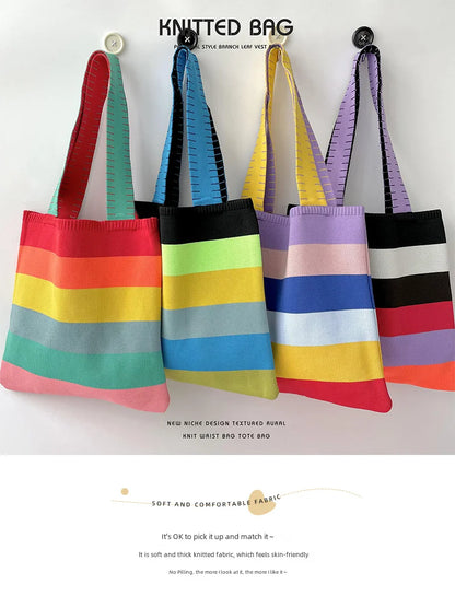 Spring Summer Rainbow Knitted Large Capacity Tote Bag Versatile Single Shoulder Bag Street Commuting Women Medium Open Dacron