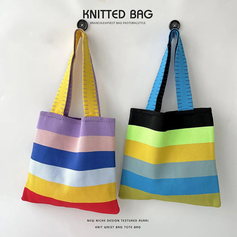 spring summer rainbow knitted large capacity tote bag versatile single shoulder bag street commuting women medium open dacron