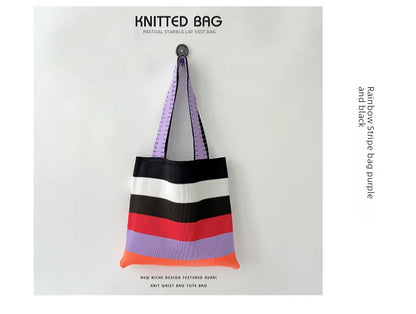 Spring Summer Rainbow Knitted Large Capacity Tote Bag Versatile Single Shoulder Bag Street Commuting Women Medium Open Dacron