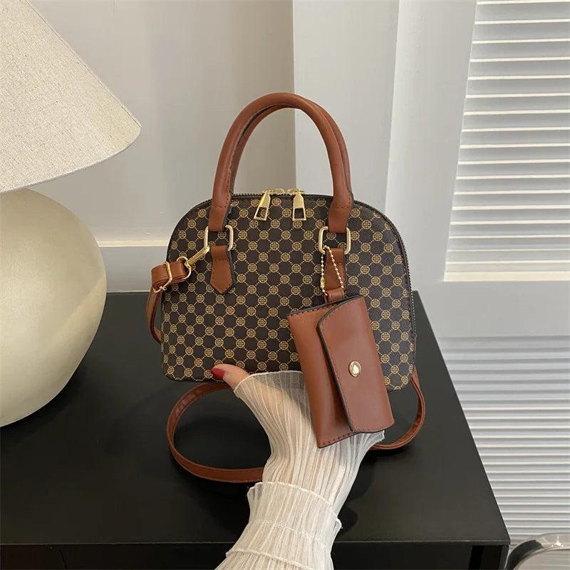 luxury shell fashion women's handbag simple shoulder bag plaid print crossbody bag with mini purse