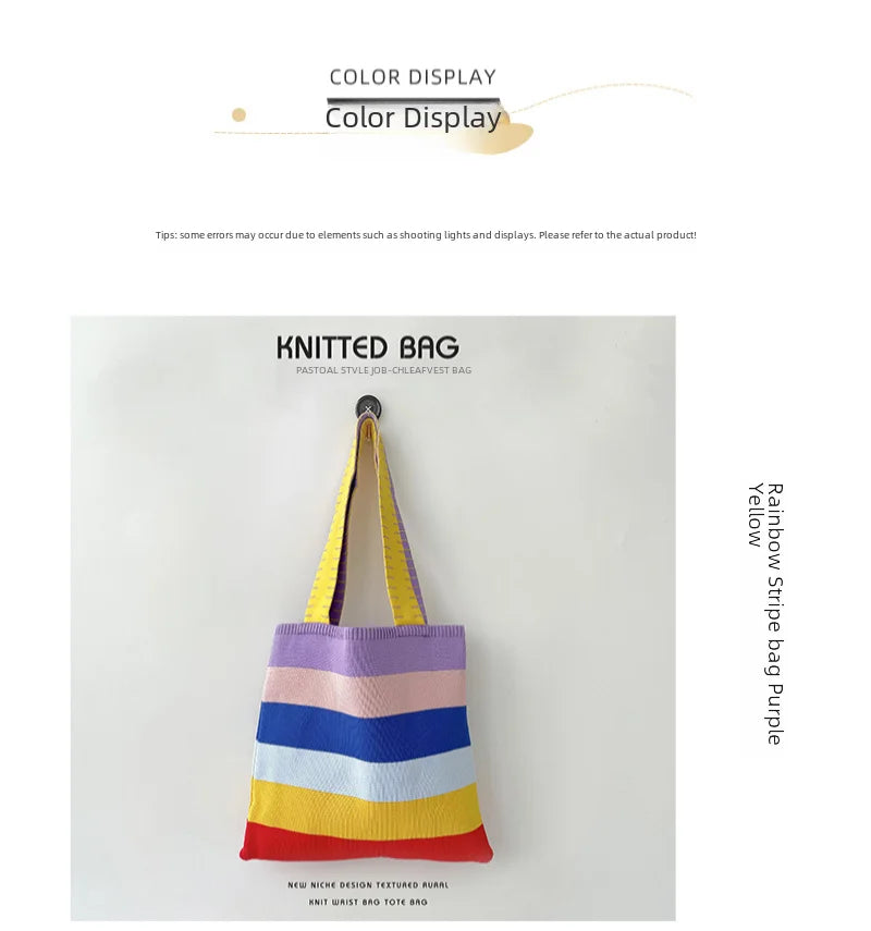spring summer rainbow knitted large capacity tote bag versatile single shoulder bag street commuting women medium open dacron