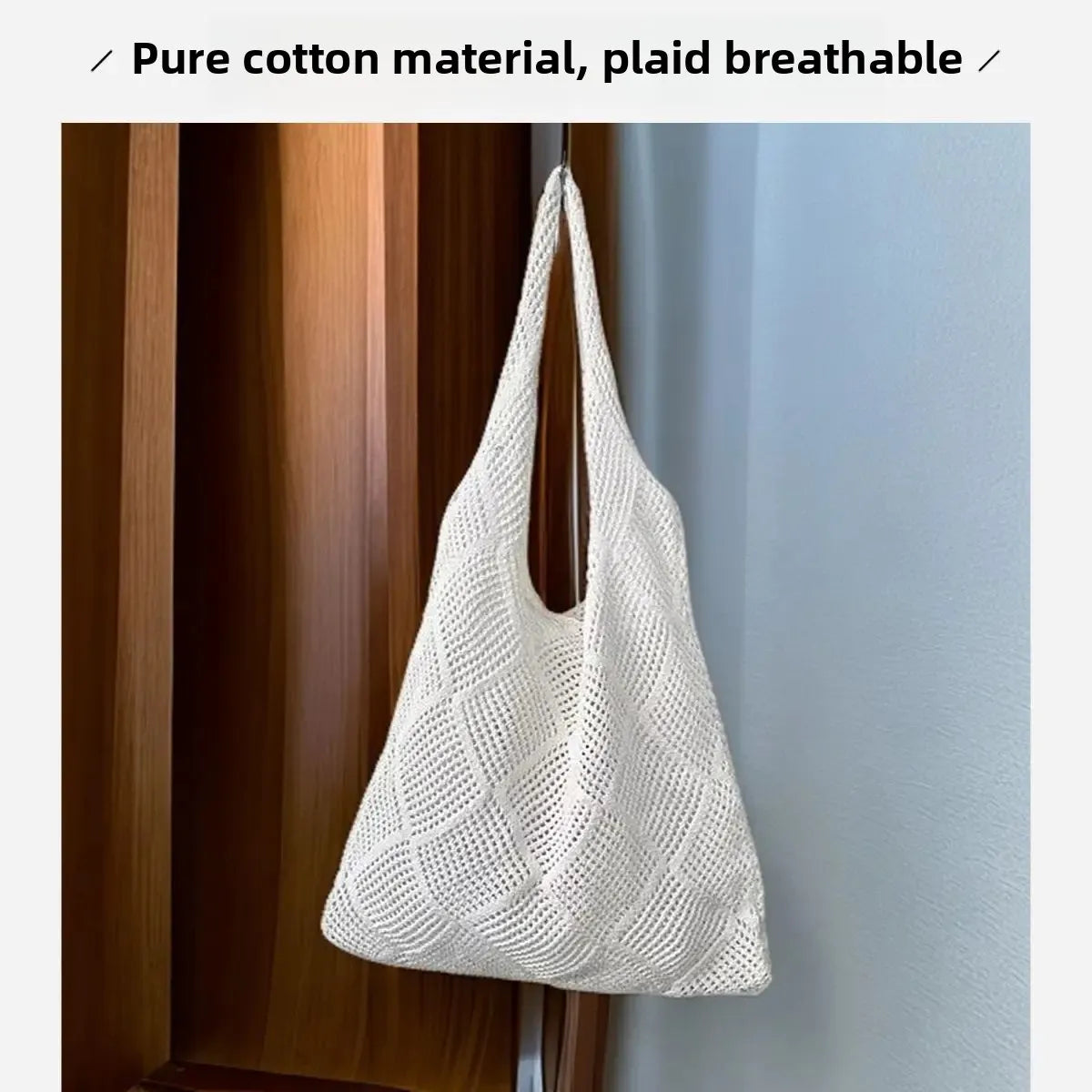 retro hollow knitted large capacity women's shopping bag tote single shoulder rope bag soft polyester fiber open door design