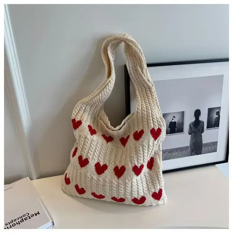 retro hollow knitted large capacity women's shopping bag tote single shoulder rope bag soft polyester fiber open door design