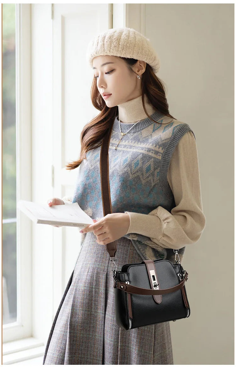 high-end bucket bag three-layer practical crossbody soft leather shoulder bag for women going to work stylish mom bag