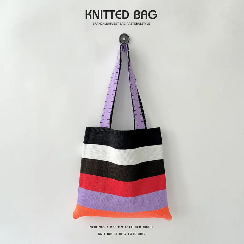 spring summer rainbow knitted large capacity tote bag versatile single shoulder bag street commuting women medium open dacron