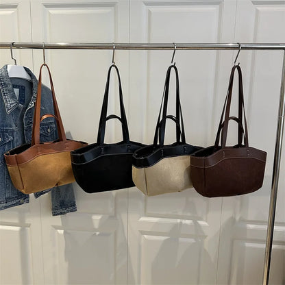 Retro Large Capacity Shopping Bag Tote Bag Single Shoulder Bag Handbag Simple Design Casual Travel Bucket Shape Magnetic Buckle