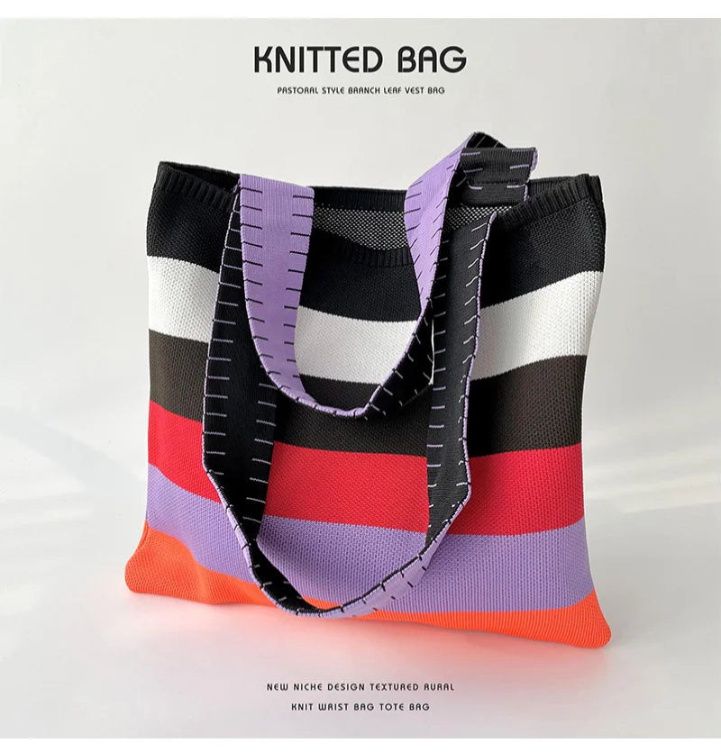 spring summer rainbow knitted large capacity tote bag versatile single shoulder bag street commuting women medium open dacron