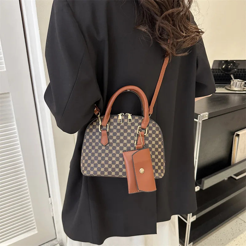 luxury shell fashion women's handbag simple shoulder bag plaid print crossbody bag with mini purse