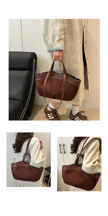 Retro Large Capacity Shopping Bag Tote Bag Single Shoulder Bag Handbag Simple Design Casual Travel Bucket Shape Magnetic Buckle