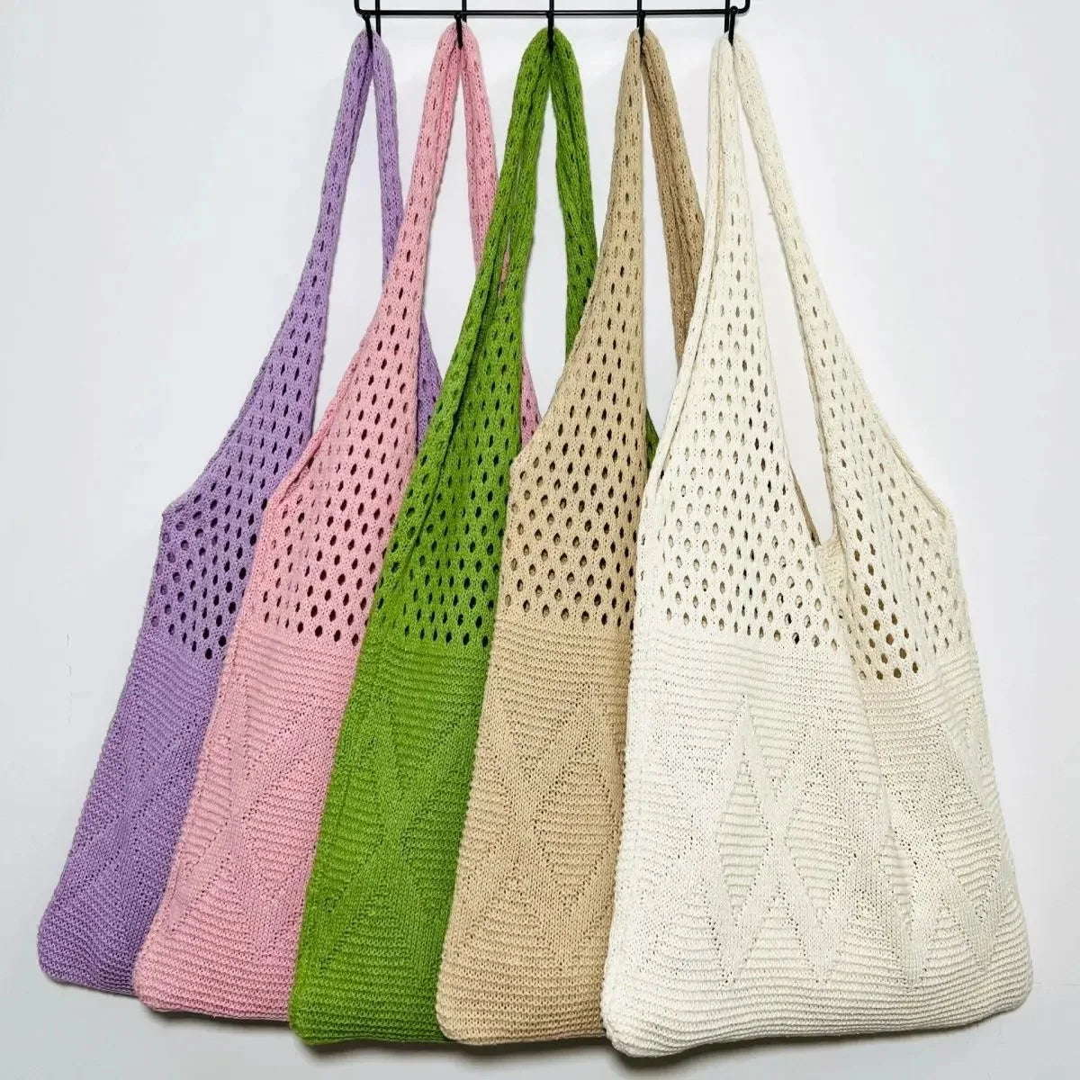 retro hollow knitted large capacity women's shopping bag tote single shoulder rope bag soft polyester fiber open door design