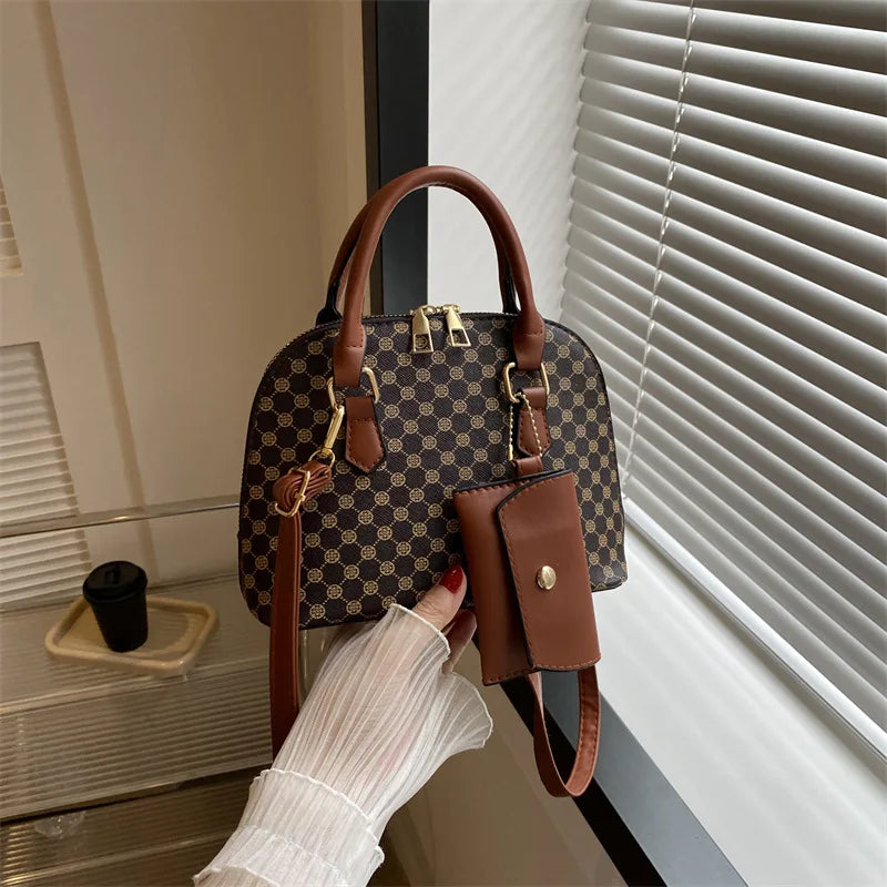 luxury shell fashion women's handbag simple shoulder bag plaid print crossbody bag with mini purse