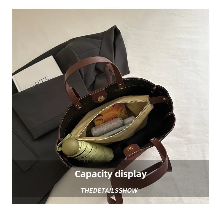 retro large capacity shopping bag tote bag single shoulder bag handbag simple design casual travel bucket shape magnetic buckle