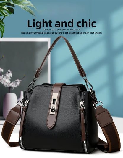 High-End Bucket Bag Three-Layer Practical Crossbody Soft Leather Shoulder Bag for Women Going to Work Stylish Mom Bag