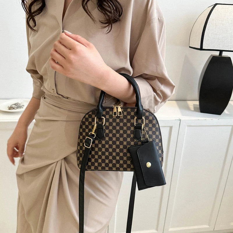 luxury shell fashion women's handbag simple shoulder bag plaid print crossbody bag with mini purse