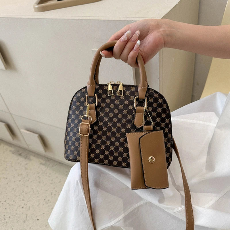 luxury shell fashion women's handbag simple shoulder bag plaid print crossbody bag with mini purse