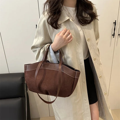 Retro Large Capacity Shopping Bag Tote Bag Single Shoulder Bag Handbag Simple Design Casual Travel Bucket Shape Magnetic Buckle