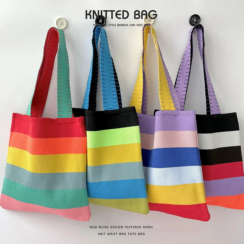spring summer rainbow knitted large capacity tote bag versatile single shoulder bag street commuting women medium open dacron