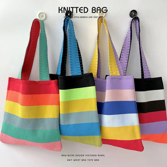 Spring Summer Rainbow Knitted Large Capacity Tote Bag Versatile Single Shoulder Bag Street Commuting Women Medium Open Dacron